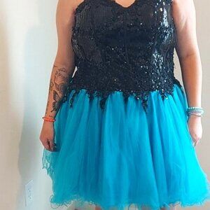 Plus Size Fit and Flare Black Sequins Top and Turquoise Tulle Bottom Mini